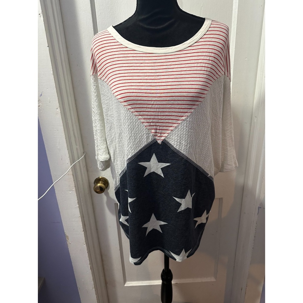 7th Ray White Waffle‎ Americana Pattern Short Sleeve Top in XL